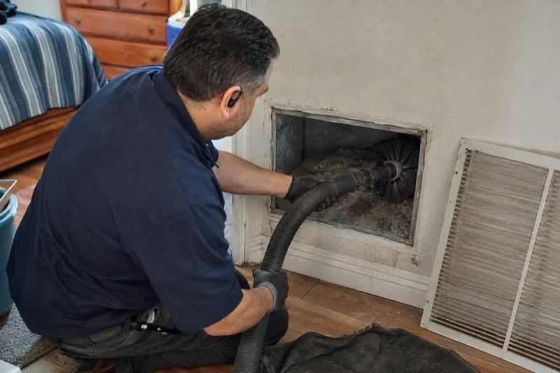 Person holding a hose and brush inside an open wall return beside its removed grille